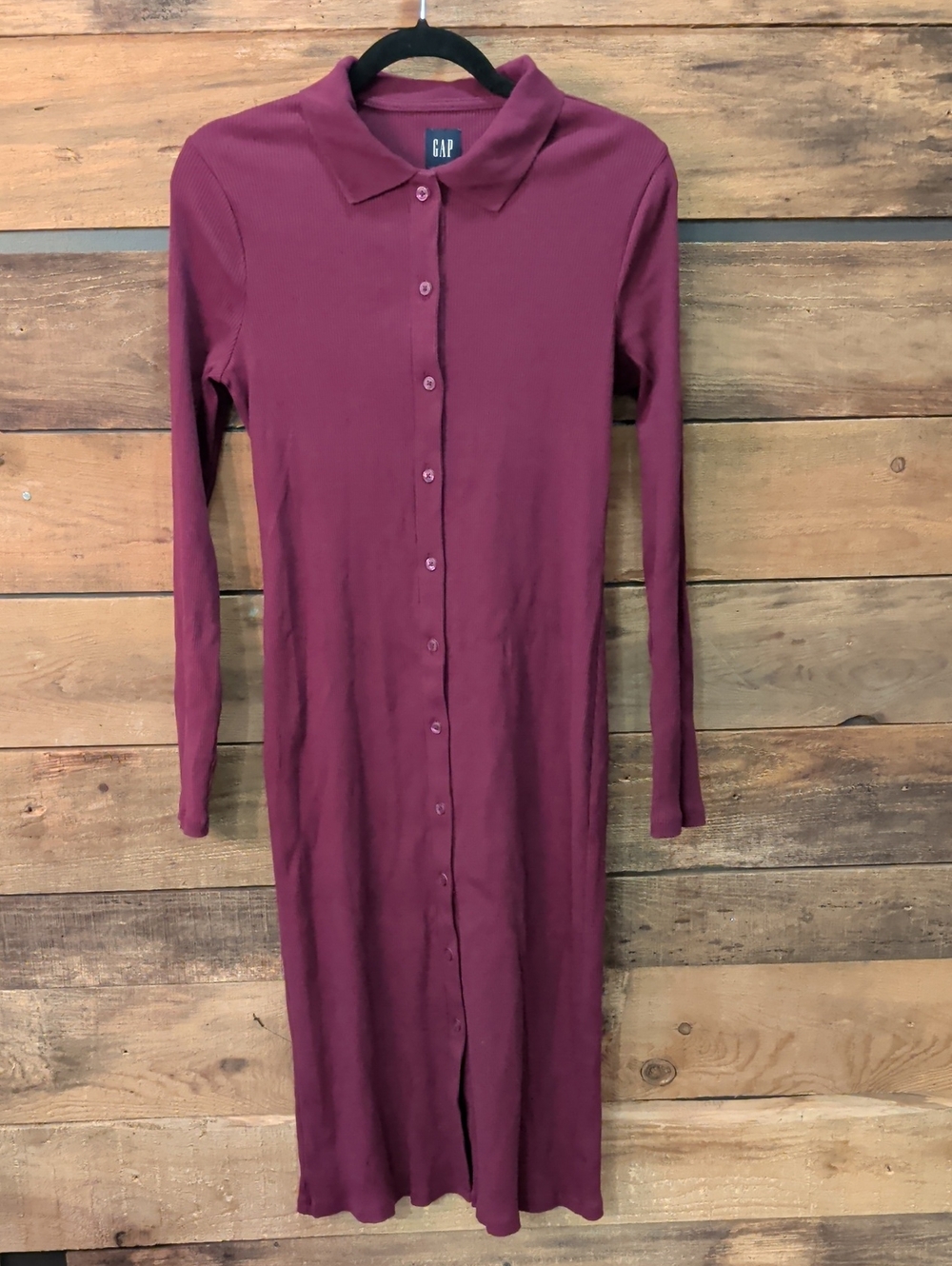 GAP Long Sleeve Button-Front Midi Dress in Plum